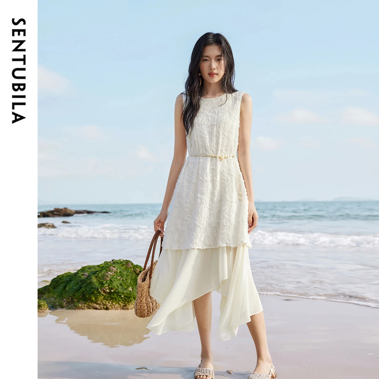 

SENTUBILA Women's Fake Two-Piece Dress Elegant O-Neck Detachable Beaded Belt Asymmetrical Hem Patch Chiffon Tank Dress 162LP5426