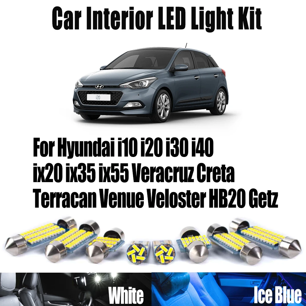 Kit de luz de techo LED Interior de coche para Hyundai i10 i20 i30 i40 ix20 ix35 ix55 Veracruz Creta Terracan lugar Veloster HB20 Getz