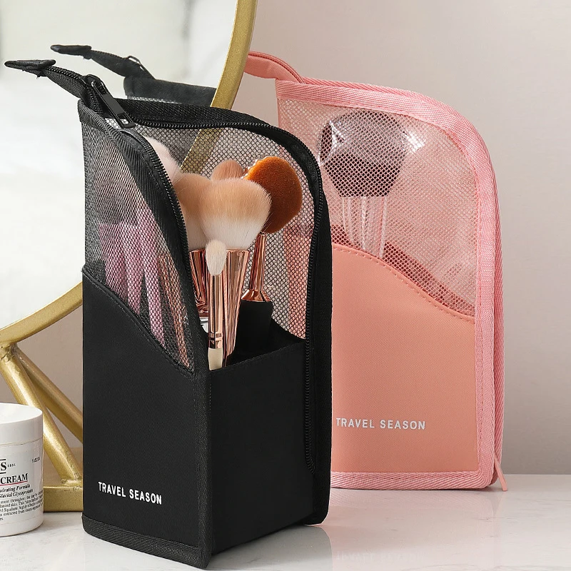 

1 PCS Stand Cosmetic Bag for Women Clear Zipper Makeup Bag Travel Female Makeup Brush Holder Organizer Toiletry Bag