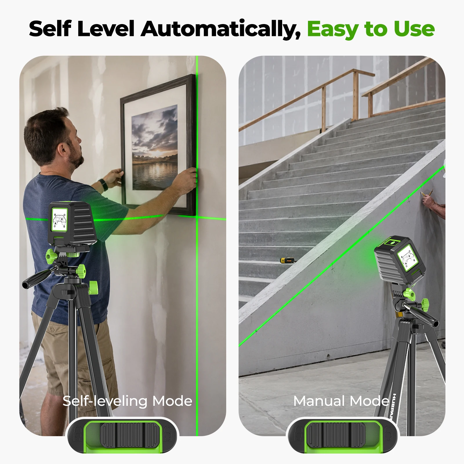 Huepar 150ft/45m Cross Line Laser Level 2 Lines Self Leveling Vertical & Horizontal Green Beams for Outdoor Use BOX-1G