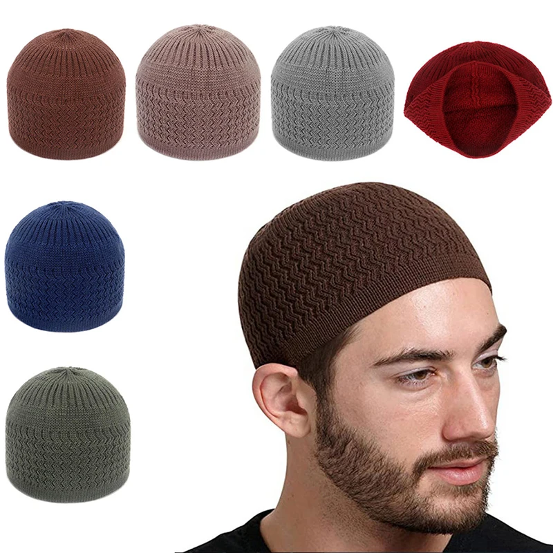 Casual Knitted Muslim Men Prayer Hats Winter Warm Beanies Cap Islamic Ramadan