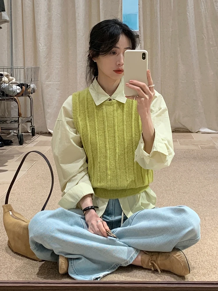 Chaleco de punto holgado para mujer, color mostaza, estilo coreano, suéter con cuello redondo, moda para el día a día, primavera 2025