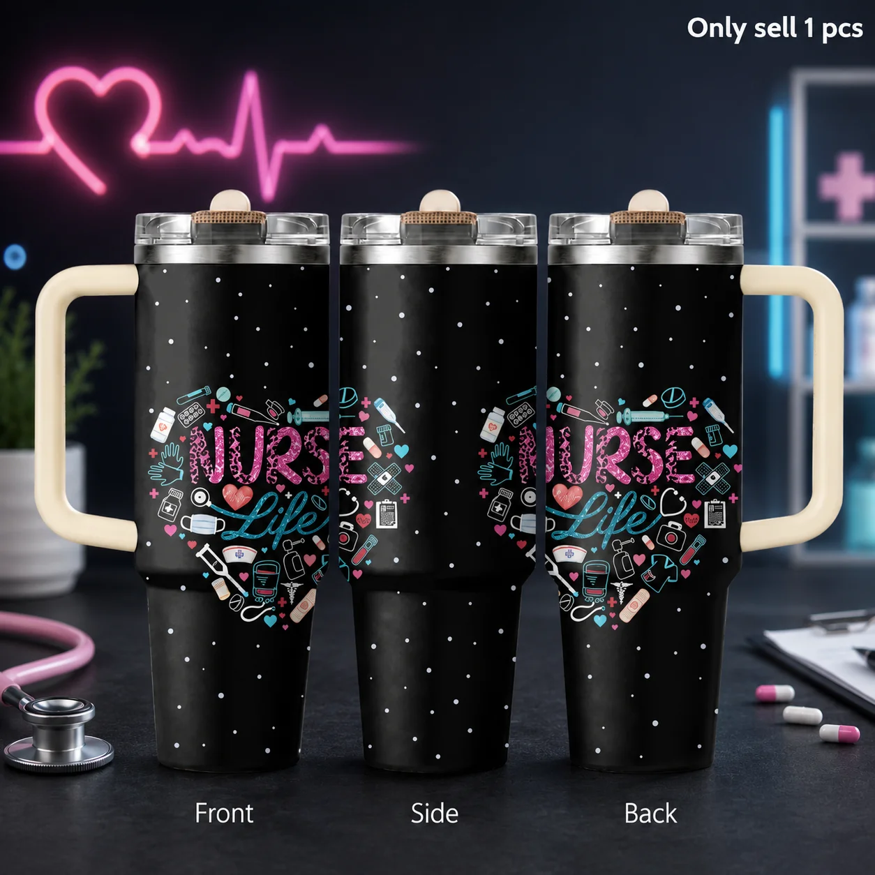 Care Crew Nurse Heart Design Vacuum Flasks 40oz 3rd Gen Vacuum Insulated Stainless Steel Tumbler Cup With Handle Straw Lid