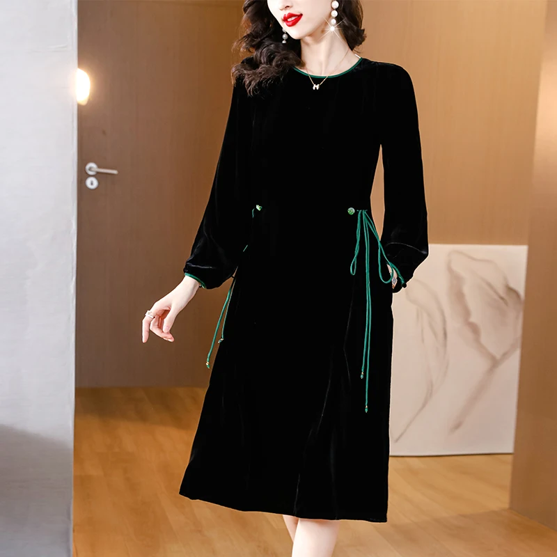 

Black Women Velvet Vintage Midi Dress 2024 Autumn O-Neck Elegant Prom Evening Dresses Office Formal Casual Vestidos De Fiesta