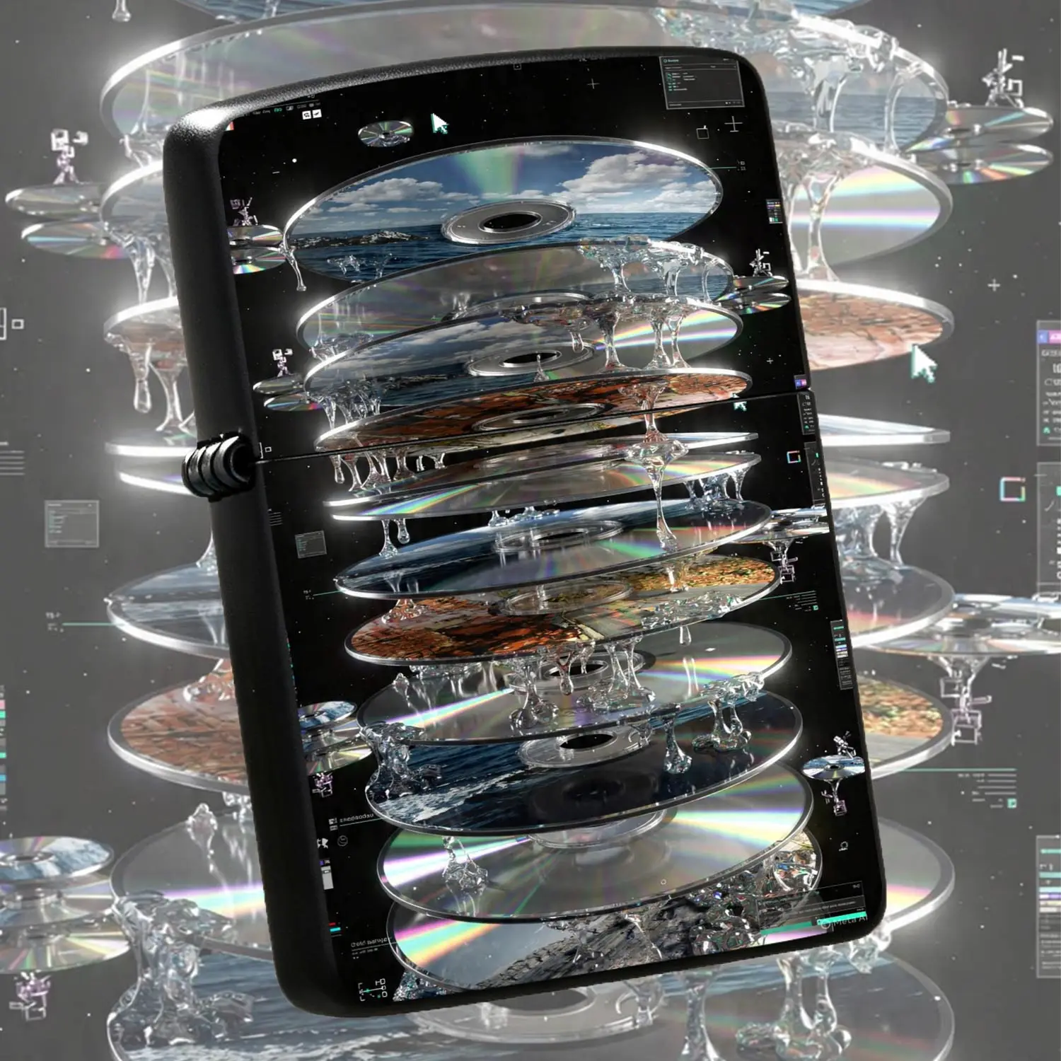 Creative Laser CD Stacking Art Style Portable Lighter, Trendy Ambient Decor Item, Retro Cyber Aesthetic, Suitable for Daily Scenes, Exquisite Unique Practical Gift for Friends and Personal Use  A Humorous And Interesting Lighter