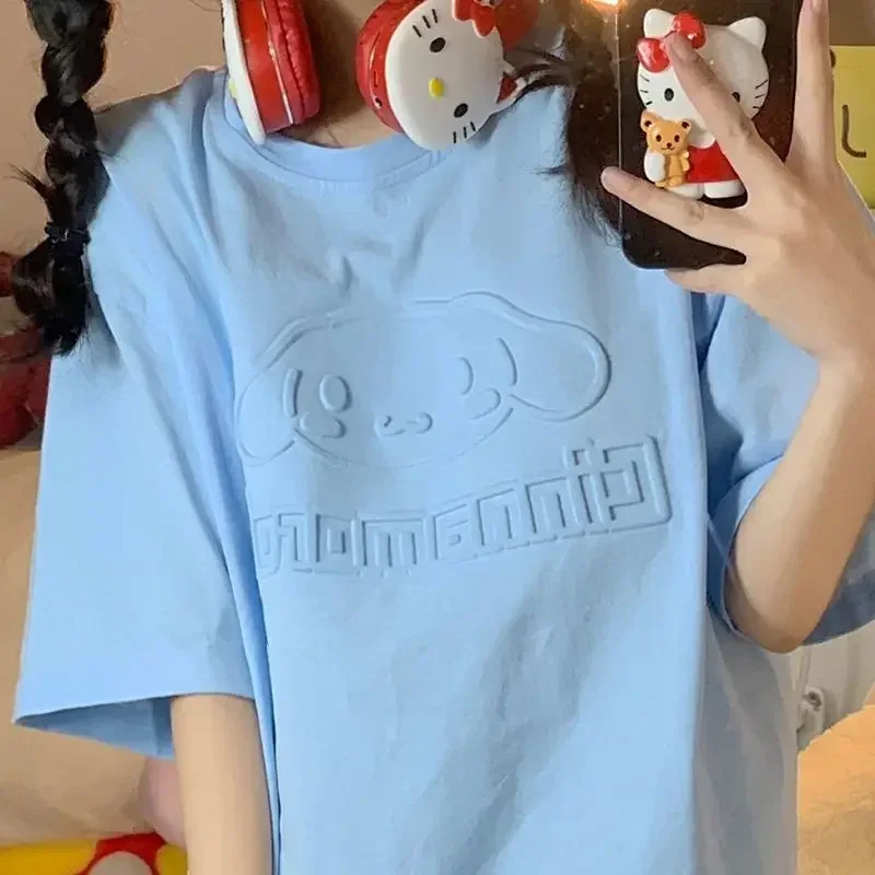 Summer Cinnamoroll Graphic Short Sleeve Top Women Loose Casual Clothes Female Y2k Sanrio Hello Kitty Embossed Round Neck T-shirt