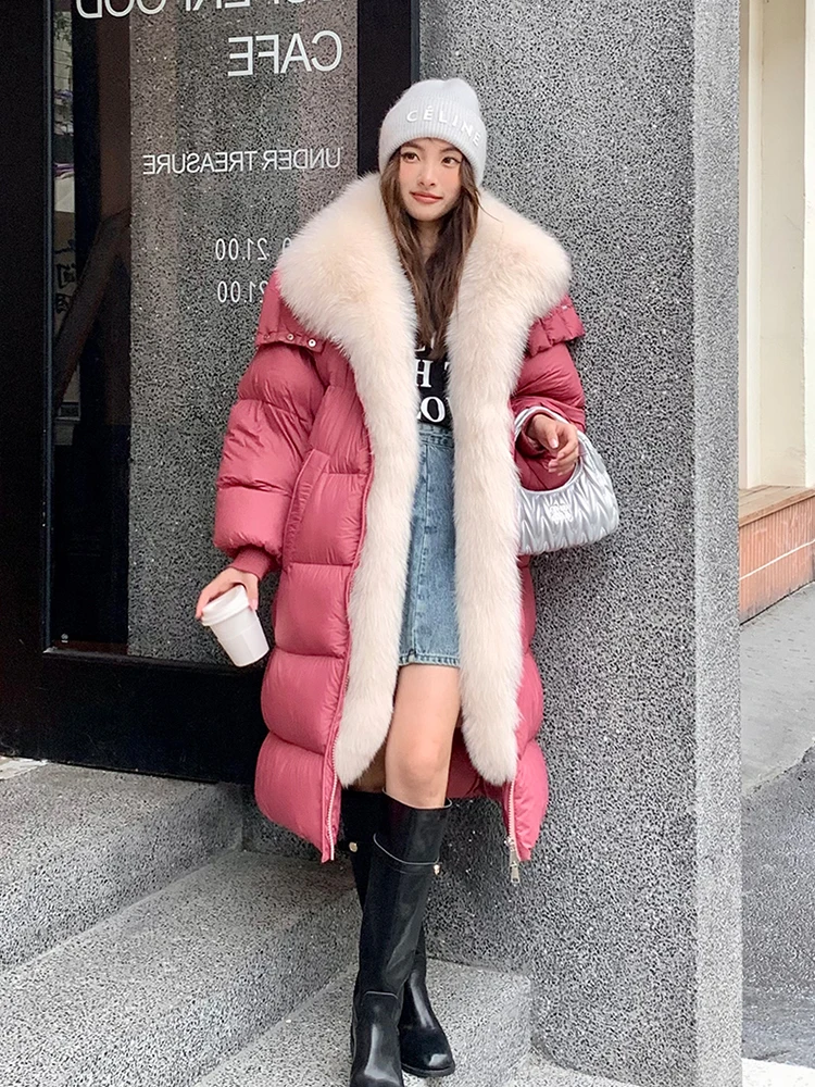 Women Puffer Jackets Natural Real Fox Fur Collar Thick Warm Long Goose Down Jackets Winter Coat Female Outwear