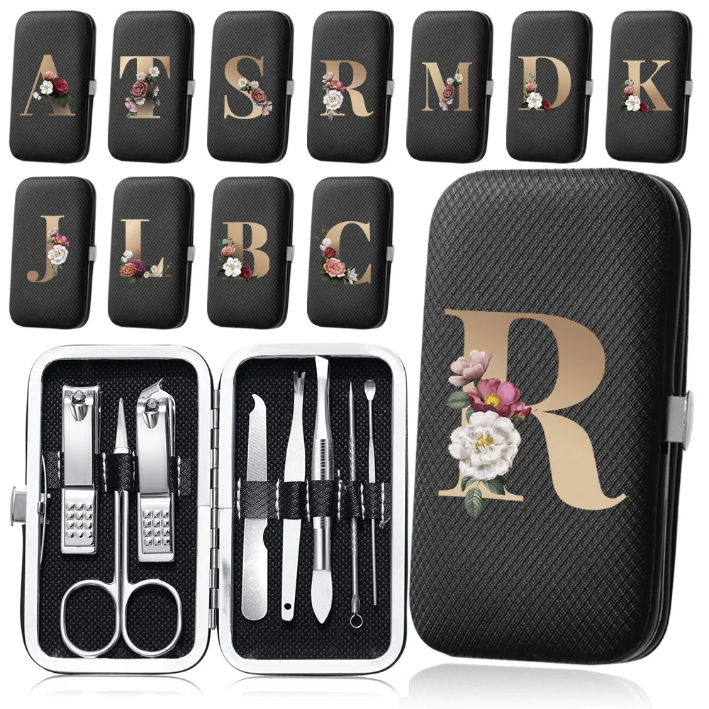 

8Pcs Nail Clippers Manicure Set Stainless Steel Pedicure Kit Portable Organizer Professional Nail Care Tool Gold Letter Pattern