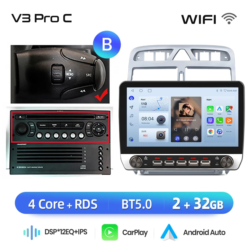 Junsun 10.1 "Draadloze Carplay AndroidAuto Autoradio voor Peugeot 307CC 307SW 2002-2013 radio met knoppen Bluetooth GPS 4G DSP