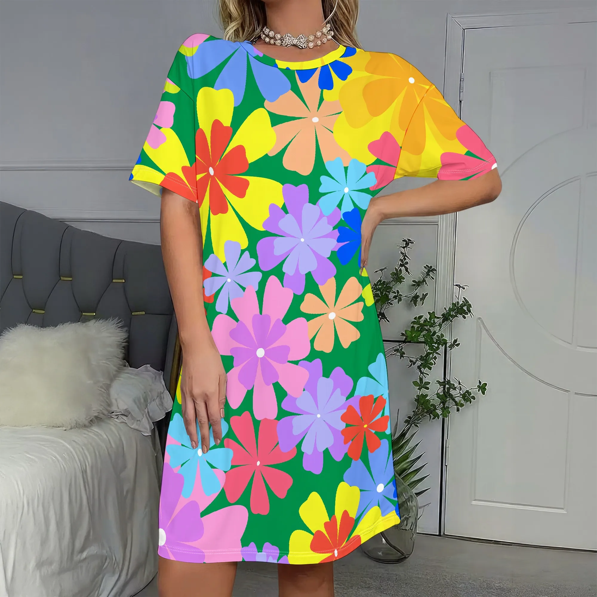

Vibrant Floral Print, Short Sleeve Dress, Tunic Style, Summer Casual Wear, Beach Party Outfit, S-2XL