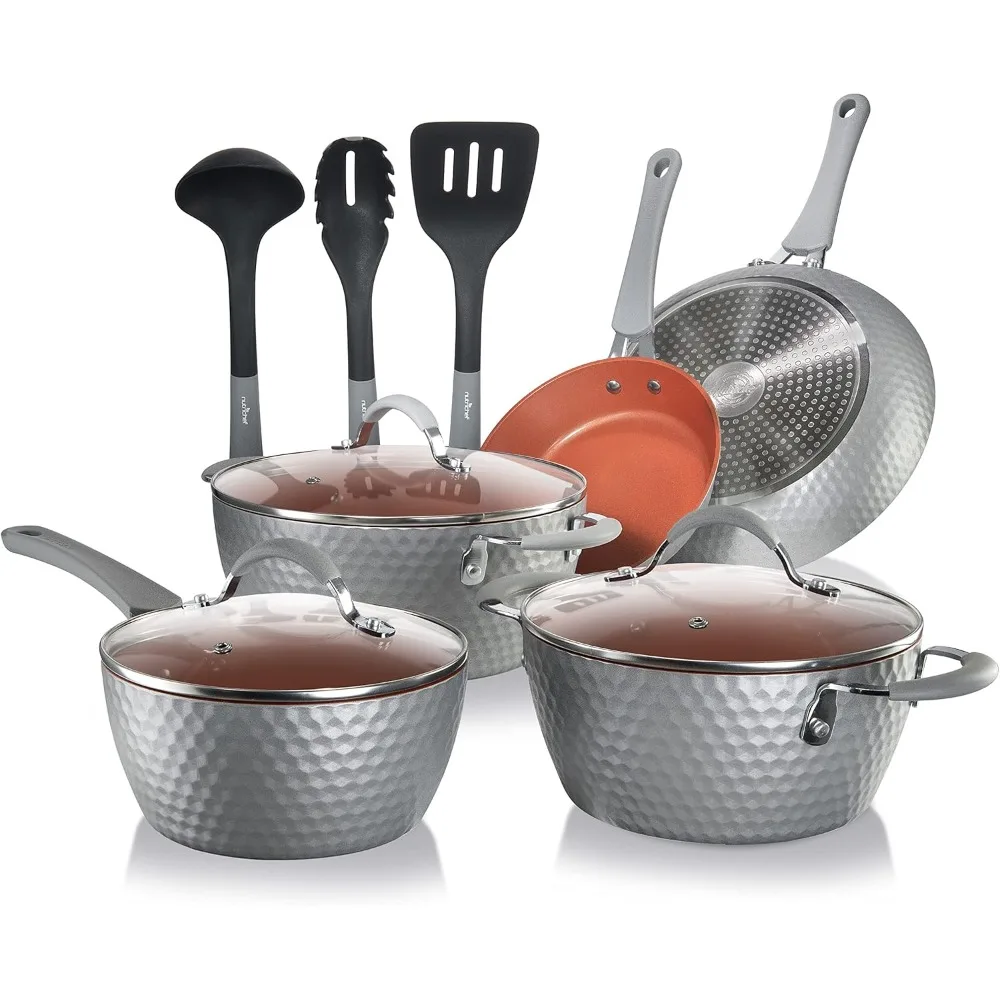 

11 Pc Nonstick Cookware - PTFE/PFOA/PFOS Free Kitchenware Pots & Pans Set with Saucepan, Frying Pans, Cooking Pots, Lids, Utens