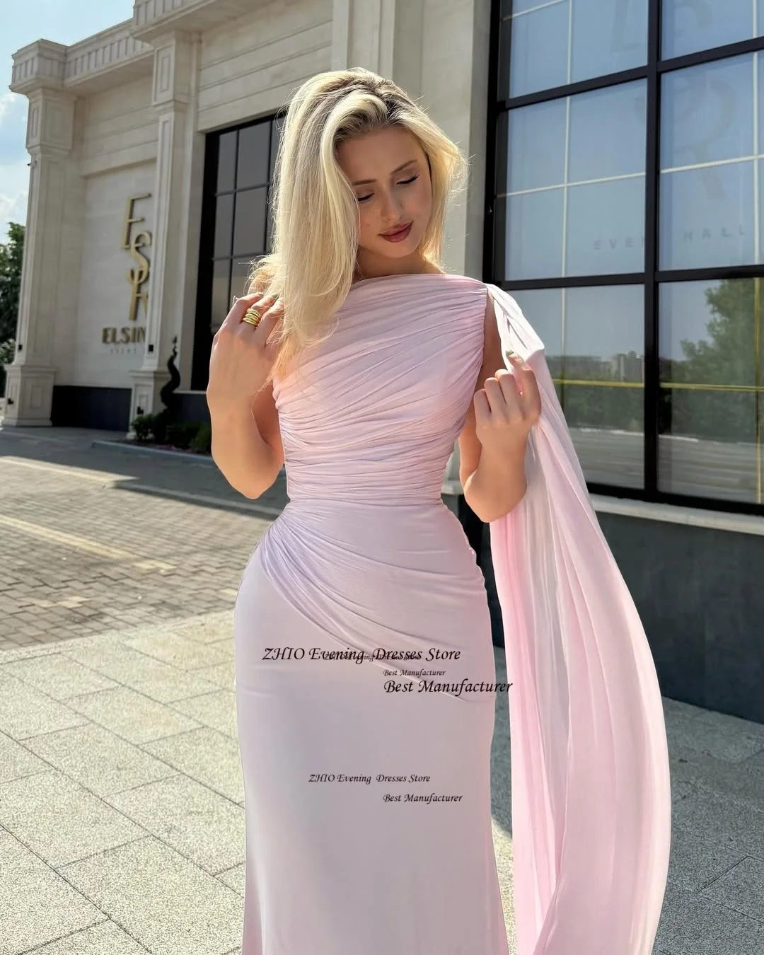 ZHIO エレガントなピンクのサテンのイブニングドレスプリーツストラップレスロングシースドレスショール付きノースリーブウエディングドレス女性のためのカスタマイズ