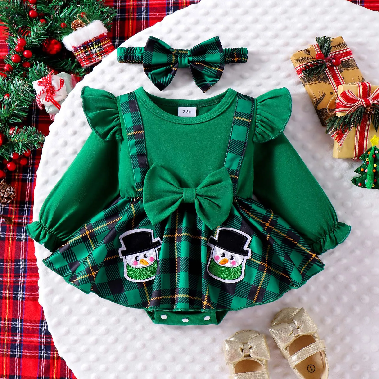 Baby Girl Christmas Clothes Cartoon Deer Santa Plaid Bodysuit Dress For Infants Newborns My First New Year Costume For Babies