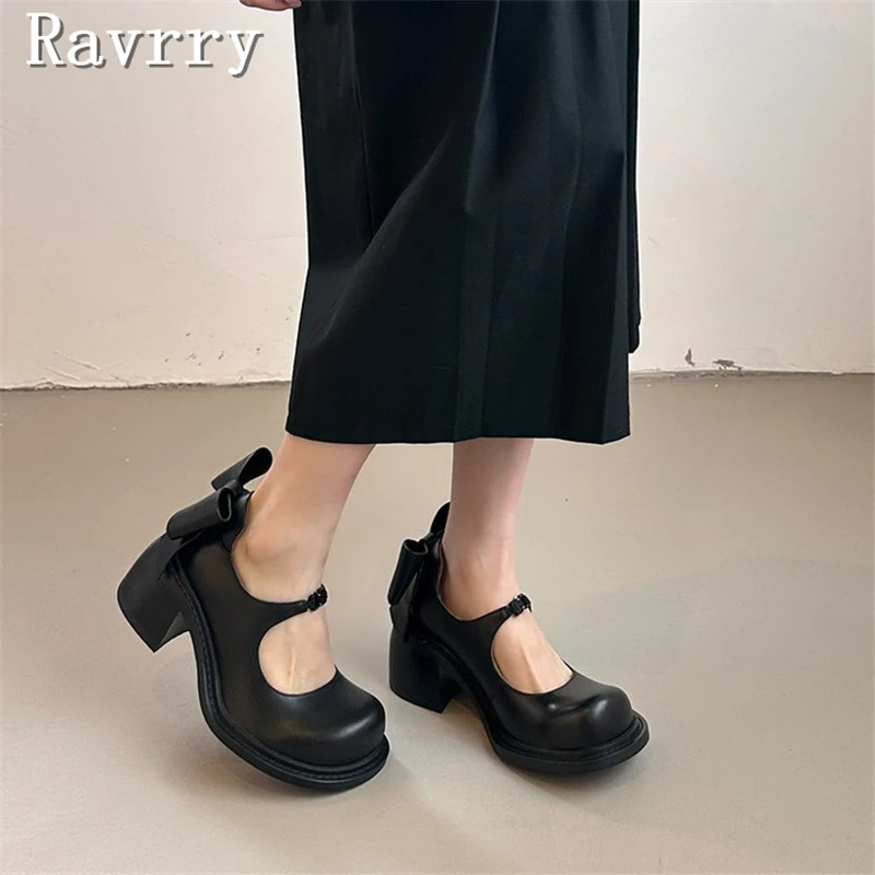 

Bow Knots Mary Jane Shoes Spring New Thick High Heel Pumps Women's Genuine Leather Brand Design Dress Party Shoes