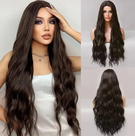 

Long Brown Curly Synthetic Wig Middle Part Body Wave Natural Hair Wigs Daily Hairs for Women Cosplay Party Heat Resistant Fiber