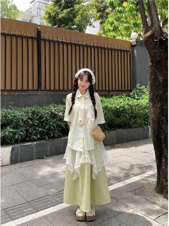 

Летний повседневный комплект из полосатой рубашки и кружевной юбки, плюс размер, винтажный стиль преппи, женский модный ансамбль