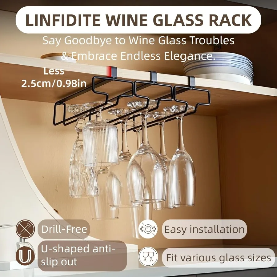 Wine Glass Holder 2PCS Stemware Rack Hanger Under Cabinet Wine Glass Rack Kitchen Hanging Glass Storage Rack OrganizerBlack