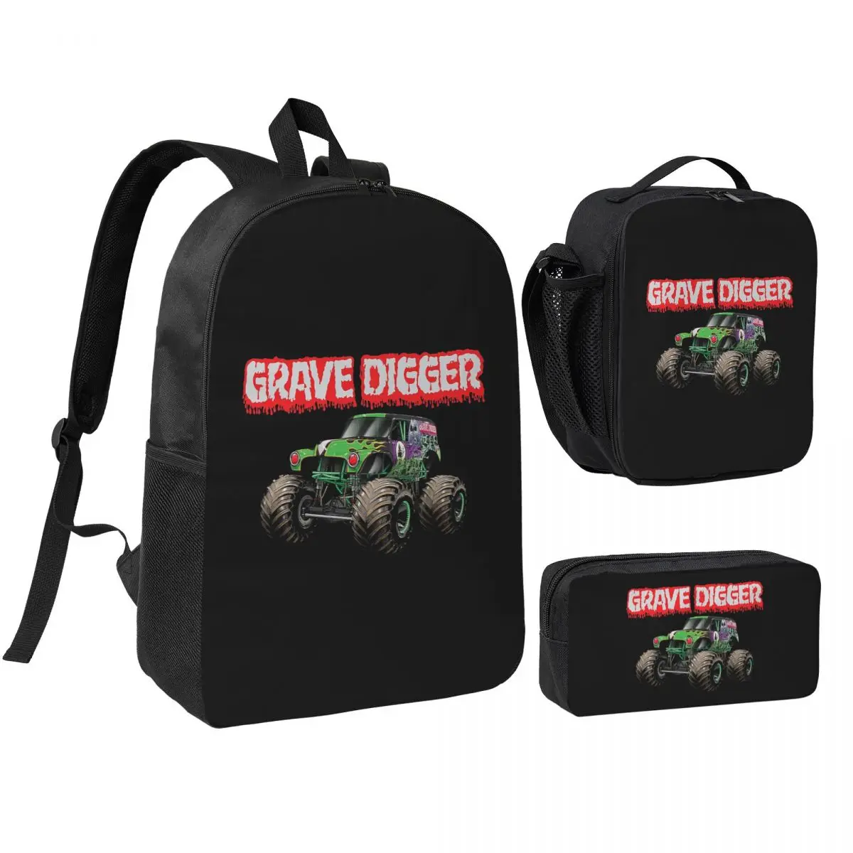 

Classic Monster Jam Pattern Backpack Boys Girls BookBag School Bag Laptop Shoulder Bags 3ps Insulated Lunch Bag Pencil Case