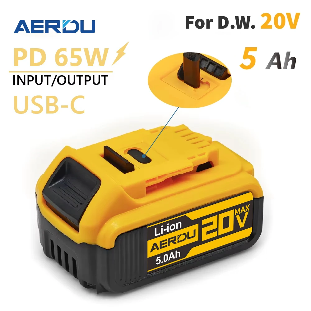 

AERDU PD65W 5AH For D.walt 18V/20V Battery with Type-C Input/Output Power Tools Li-ion Replacement DCB184