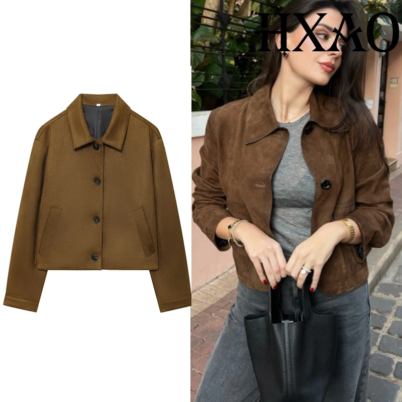

HXAO Куртки Пальто Куртка из искусственной замши Женское укороченное пальто Осенняя коричневая куртка на пуговицах для женщин Демисезонная куртка-бомбер Верхняя одежда
