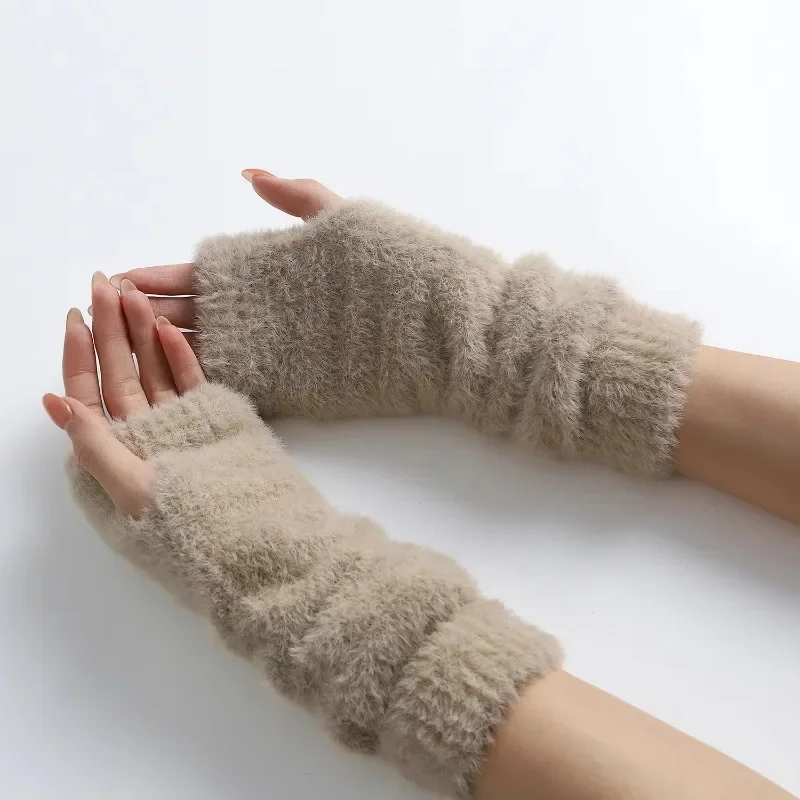 Mink-Like Velvet Arm Warmer for Women Winter Fingerless Gloves Knit Mitten Gloves Wrist Warmer with Thumb Hole