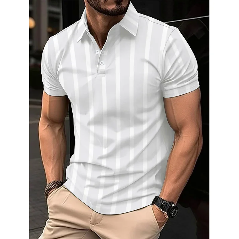 New High-end Casual Business Style Color Matching Three-Dimensional Striped Lapel Men's POLO Shirt Short Sleeve S-6XL