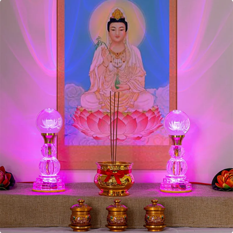 

Colored LED Buddha Offering Lamp, Home Decoration, Temple, Prayer In Front of Buddha, Crystal Lotus Lamp, God of Wealth Lamp