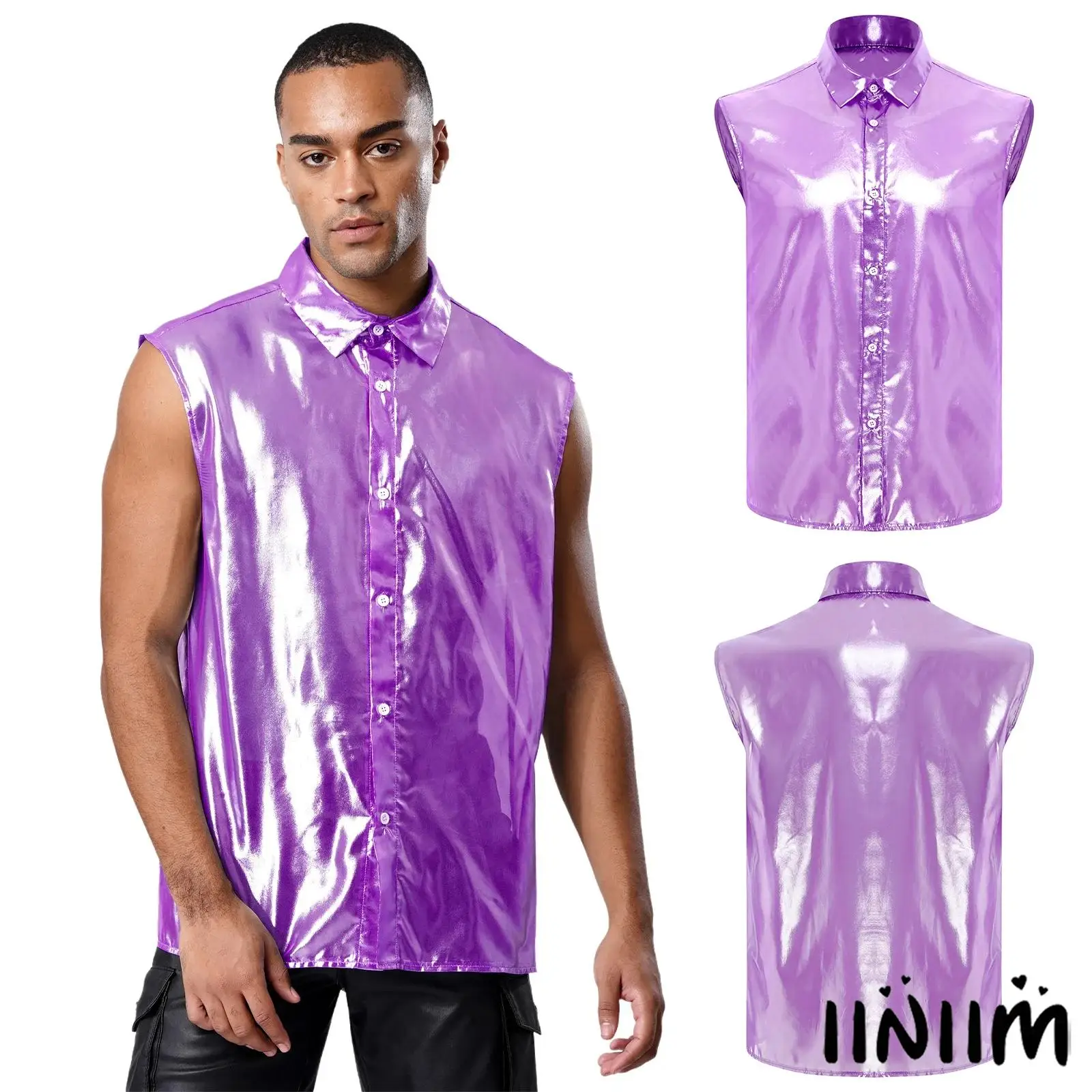 

Mens Sheer Party Top Sparkling Mesh Fabric Lapel Sleeveless Button Vest Muscle Display Blouse Fashion Revealing Party Tank Top