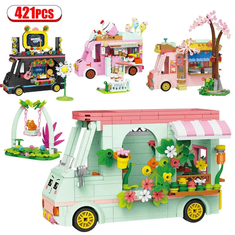 Mini Building Blocks Sets Adults Car Building Block Model Street Food Stall Block Assembling Diy Kit Toy Children Christmas Gift