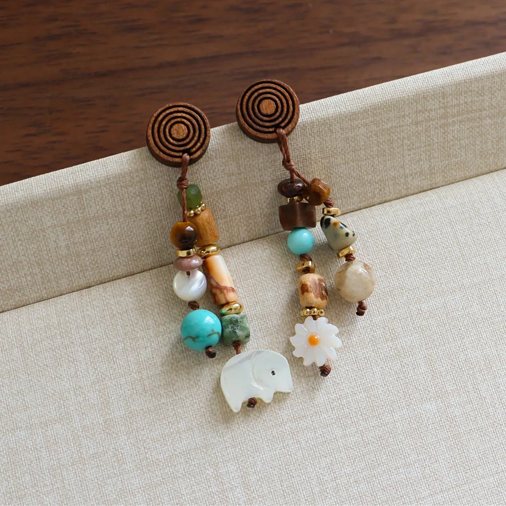 

Vintage Natural Stone Daisy Flower Elephant Pendant Earrings Women's Creative Design Handmade Earrings Party Retro Jewelry