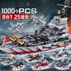 1000PCS Military 8 IN 1 Army Ocean Cruiser Warship Building Blocks Aircraft Weapon Ship Bricks City Toys for Children