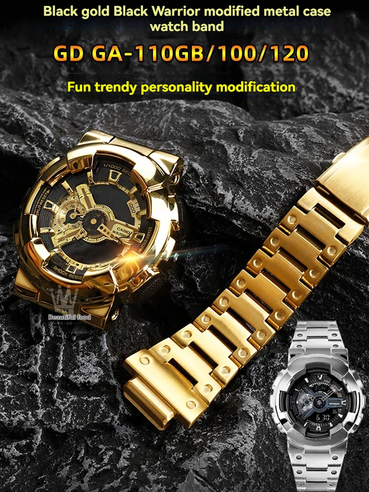 Alta qualidade para casio G-SHOCK GA-110GB/GA-100/GA-120 kit de conversão de metal completo – conjunto de aço inoxidável estilo guerreiro preto 16mm