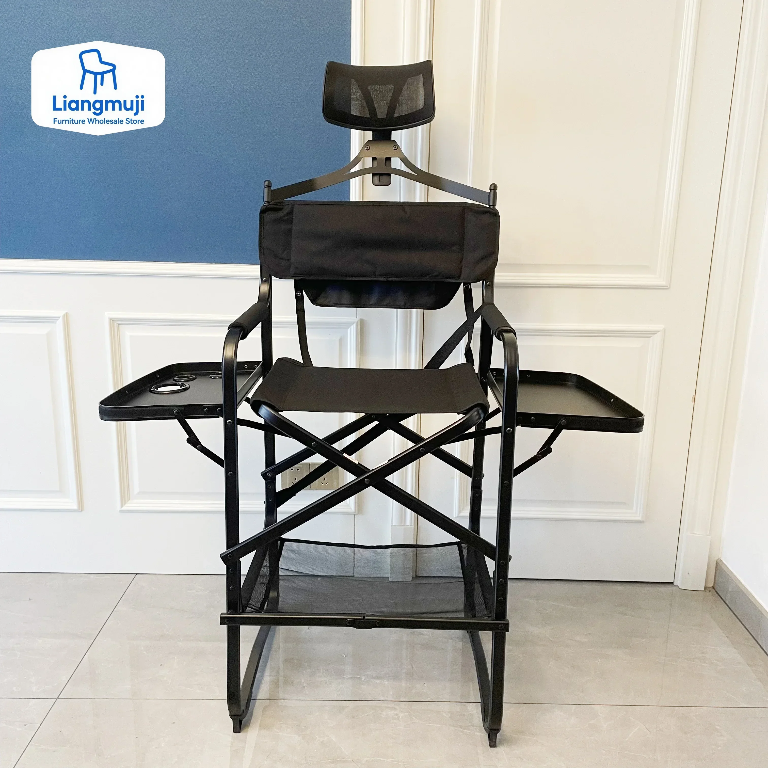 Portable Makeup Artist Director Chair with Side Table Cup Holder Foldable Lightweight Hairstylist Chair for Makeup Salons, Movie
