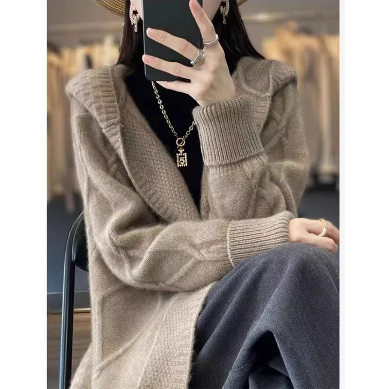 Autumn Winter Cashmere Sweater Cardigan Jacket Casual Thicken Long Hooded Knitted Cardigan Coat Large Size Wool Sweater Overcoat