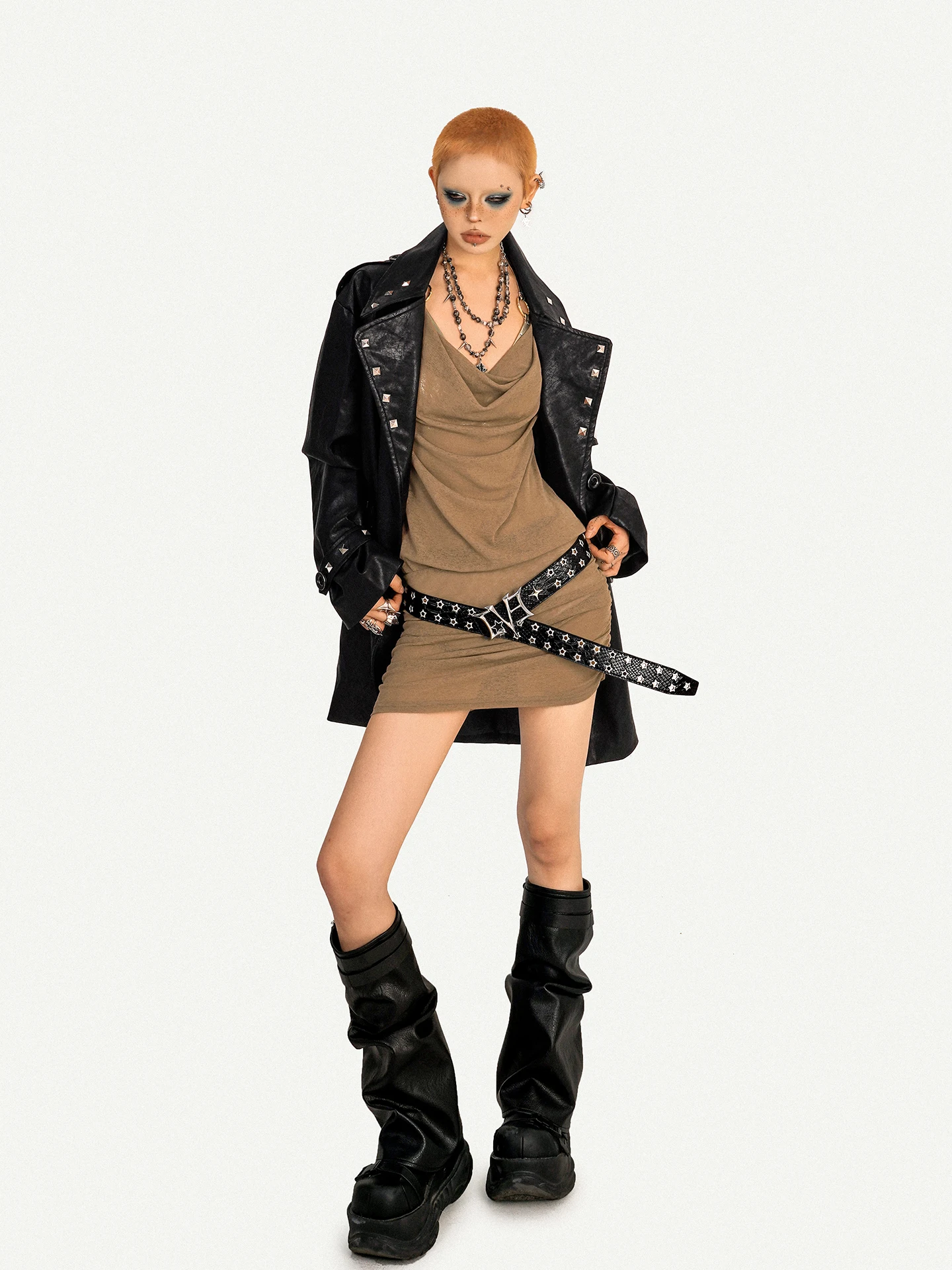 Nico molly motocicleta chique sle decorativo rebite couro jaet feminino outono inverno comprimento médio casaco sexy menina sle