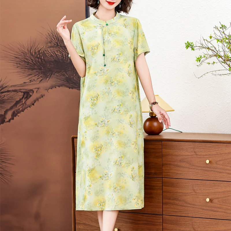 فساتين صيفية جديدة لعام 2025 للنساء برقبة دائرية فستان شاطئ بوهو مطبوع عليه زهور فستان صيفي طويل بأكمام قصيرة