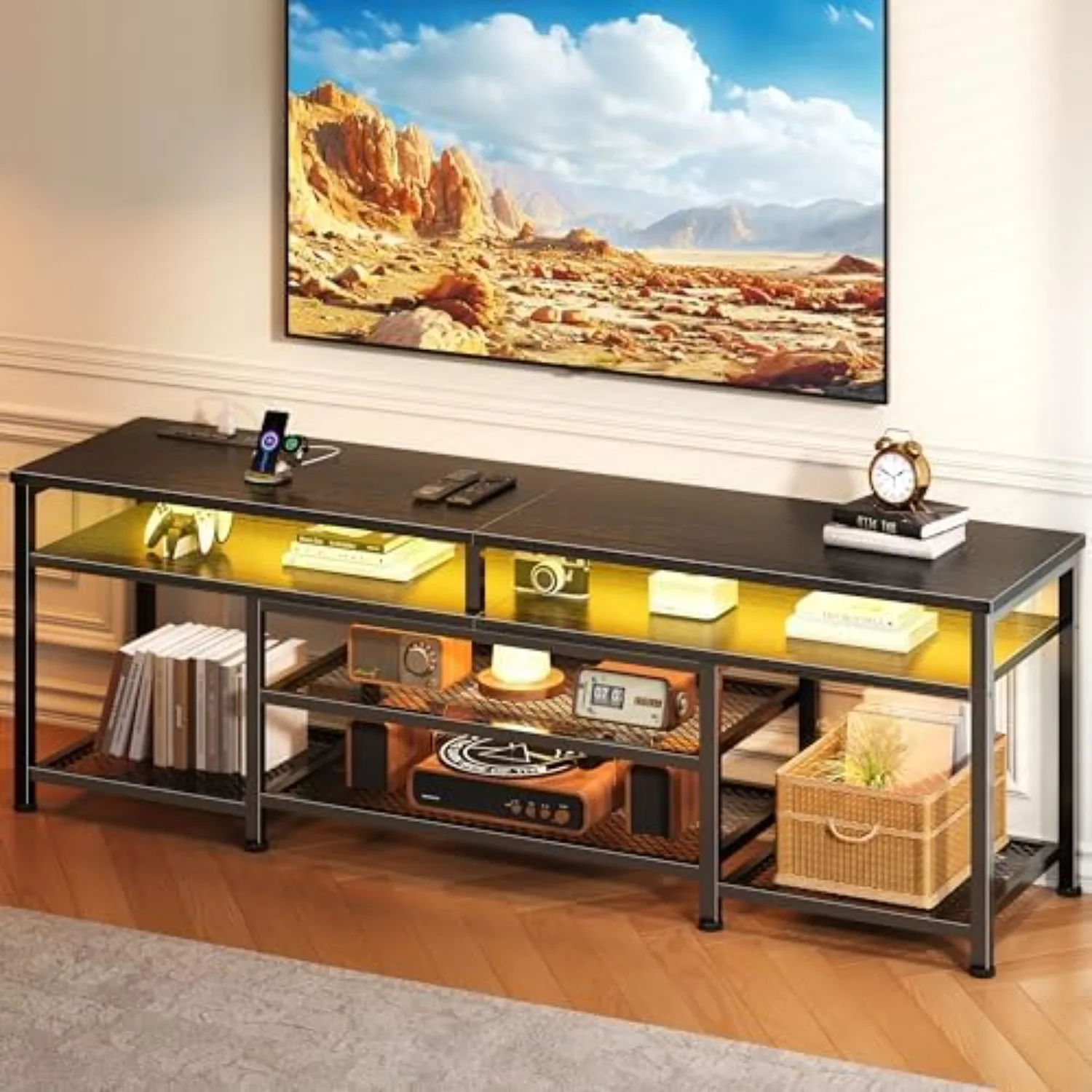 TV Stand with Power Outlets and LED Lights, 63 Inch Entertainment Center for 60 65 70 Inch TVs, Media Console Table