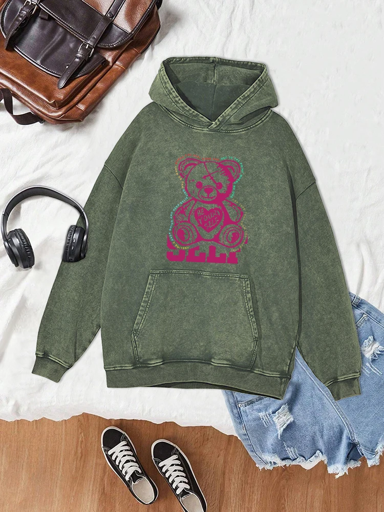 

Be Yourself Cartoon Bear Printed Distressed Washed Womens Hoodie Casual Soft Warm Clothing Autumn Crewneck Street Cotton Hoodies