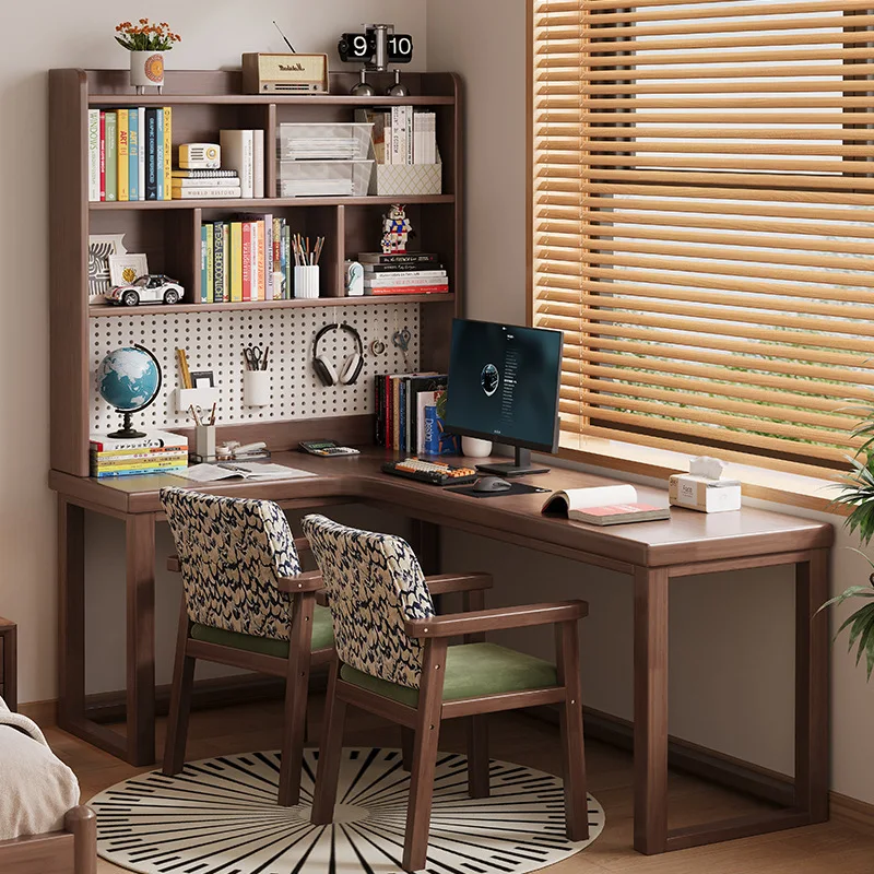 Rubberwood Corner Computer Desk With Integrated Bookshelf And Perforated Board For Home Study