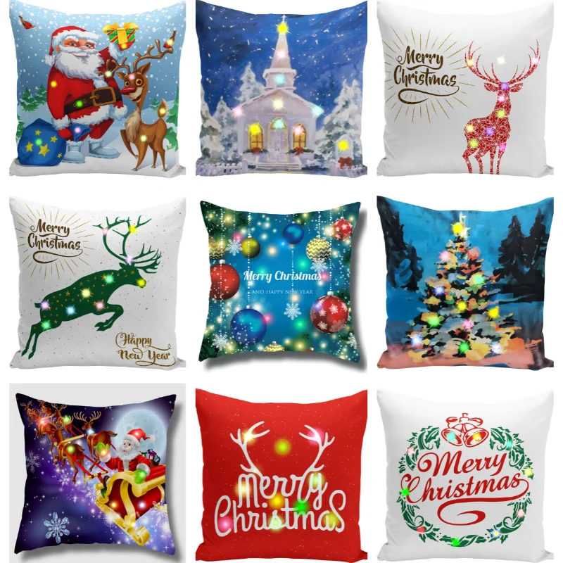 

LED Lights Christmas Throw Pillow Covers Colorful Santa Snowman Reindeer Pillowcase Soft Printed Cushion Covers Holiday Decors