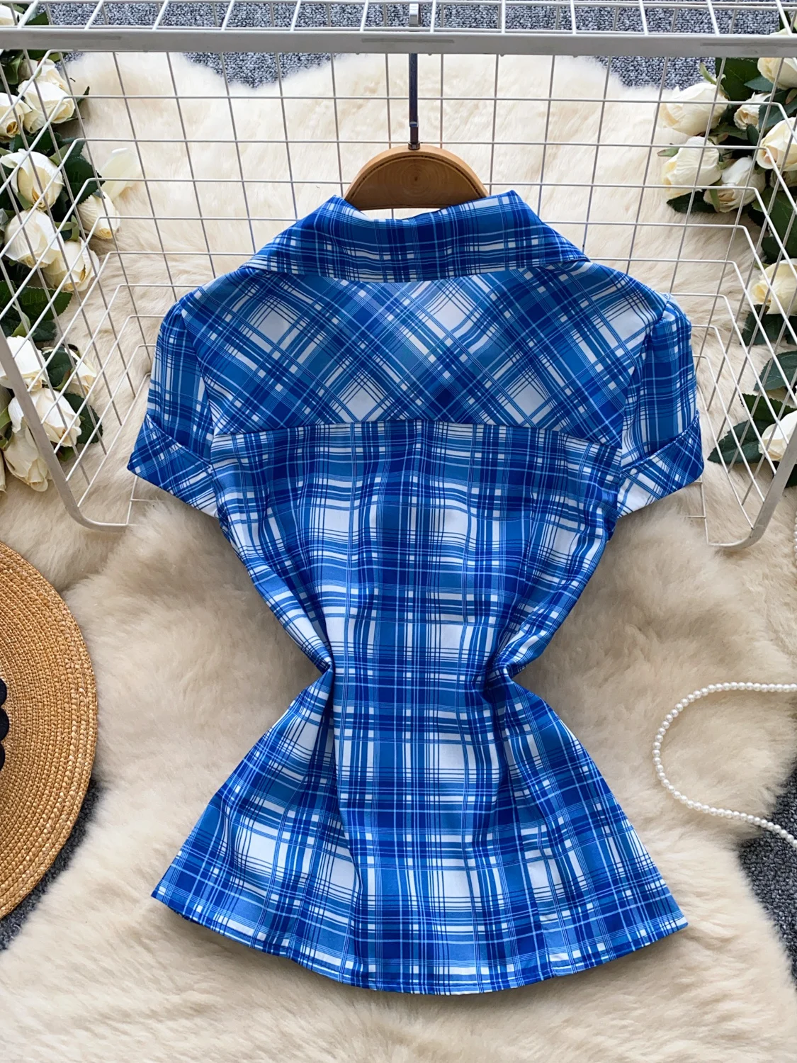 

Slim Fit Plaid irt Женский ort Sve ket Design Summer Faion Корейский принт для поездок на работу Креативный узор Дышащий