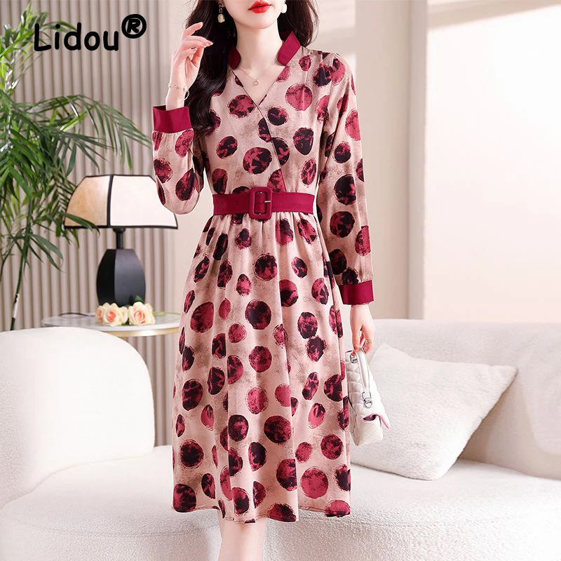 

Women Korean Fashion Dot Print Belt Elegant Party Dresses Spring Autumn Vintage V Neck Long Sleeve Slim Midi Dress Chic Vestidos