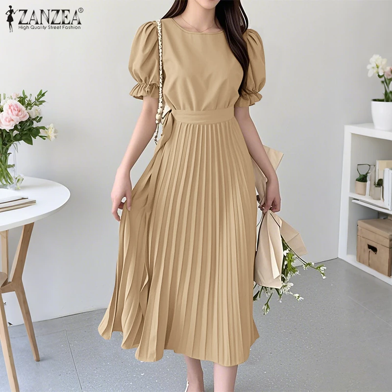 2026 ZANZEA Elegantes Plissiertes Kleid Damen Sommer-Sonnenkleid Kurze Puffärmel Midi-Kleider Einfarbig A-Linie Arbeitskleidung Vestidos Urlaubskleid