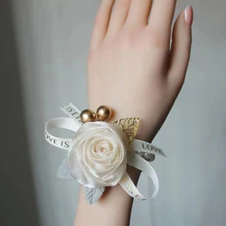 Wedding Wrist Flower Rose Silk Ribbon Bride Corsage Hand Decor Wristband Bracelet Bridesmaid Wrist Flower Wedding Supplies