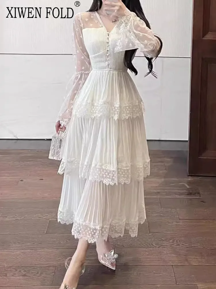 XIWEN-V-Neck Flare Sleeve Pleated Mesh Patchwork Dress, High Waist A-Line, Elegant Cake Dress, Y2K, New, Autumn, XF2481, 2024