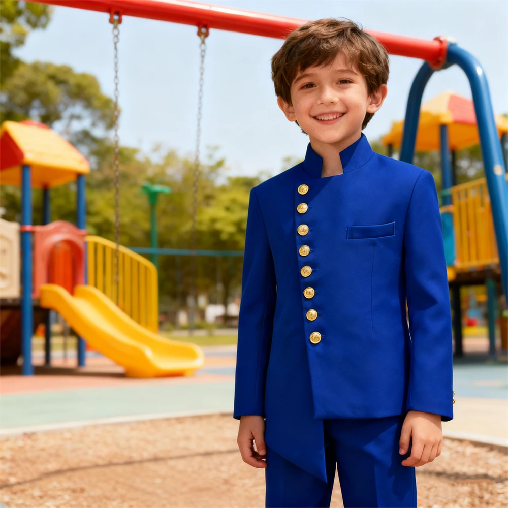 

DTLumika Stand Collar Kids Communion Suit Birthday Party Suits Jacket Pants Golden Buttons 3-14 Y Toddler Tuxedo