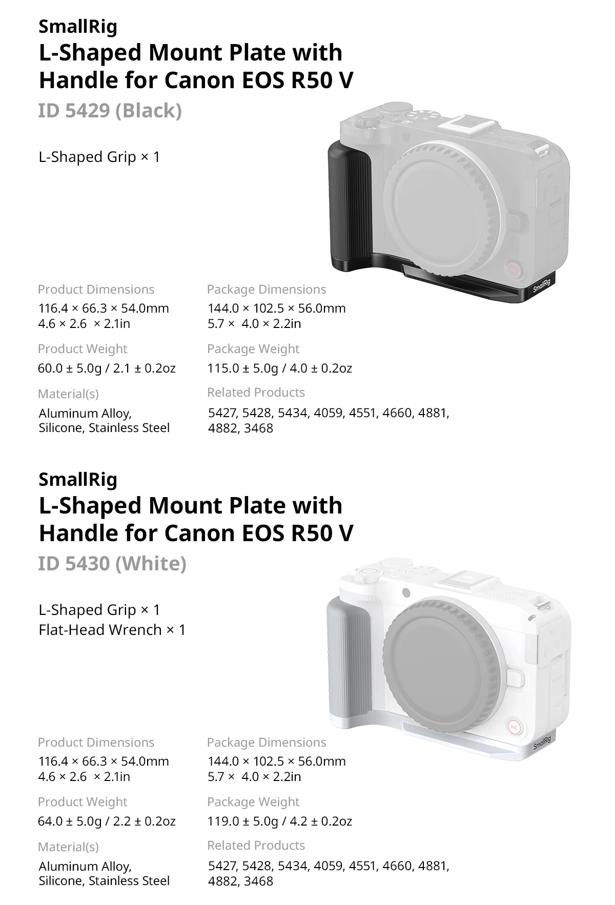 SmallRig L-Shaped Camera Cage Mount Plate For Canon EOS R50 V Quick Release Plate With Handle 1/4"-20 Threaded Holes L Plate