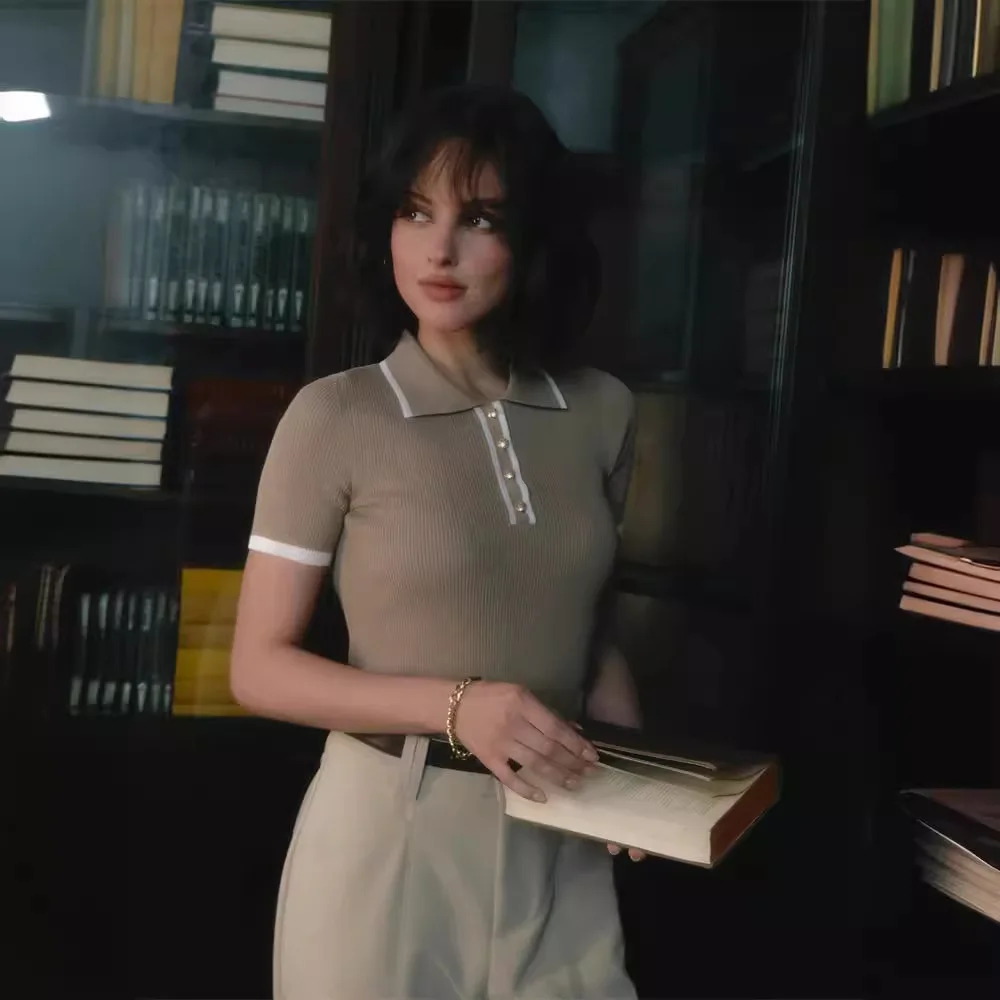 Skinny Ribbed Tight Fitting Knit Sweater Pullover Women Short Sleeve Patchwork Slim Lapel Elegant Contrast Knitwear Top Female