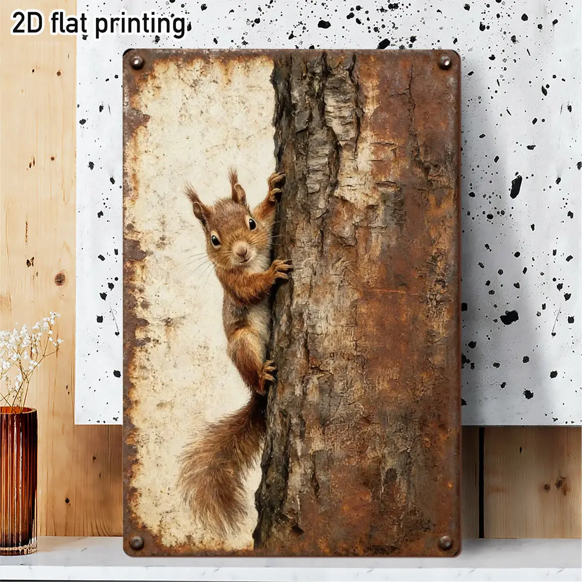 2D Plat - 1pc Panneau Métallique Écureuil Marron Mignon Plat 2D, Écureuil Curieux qui Regarde de l'Arbre, Idéal pour Mur de Ferm