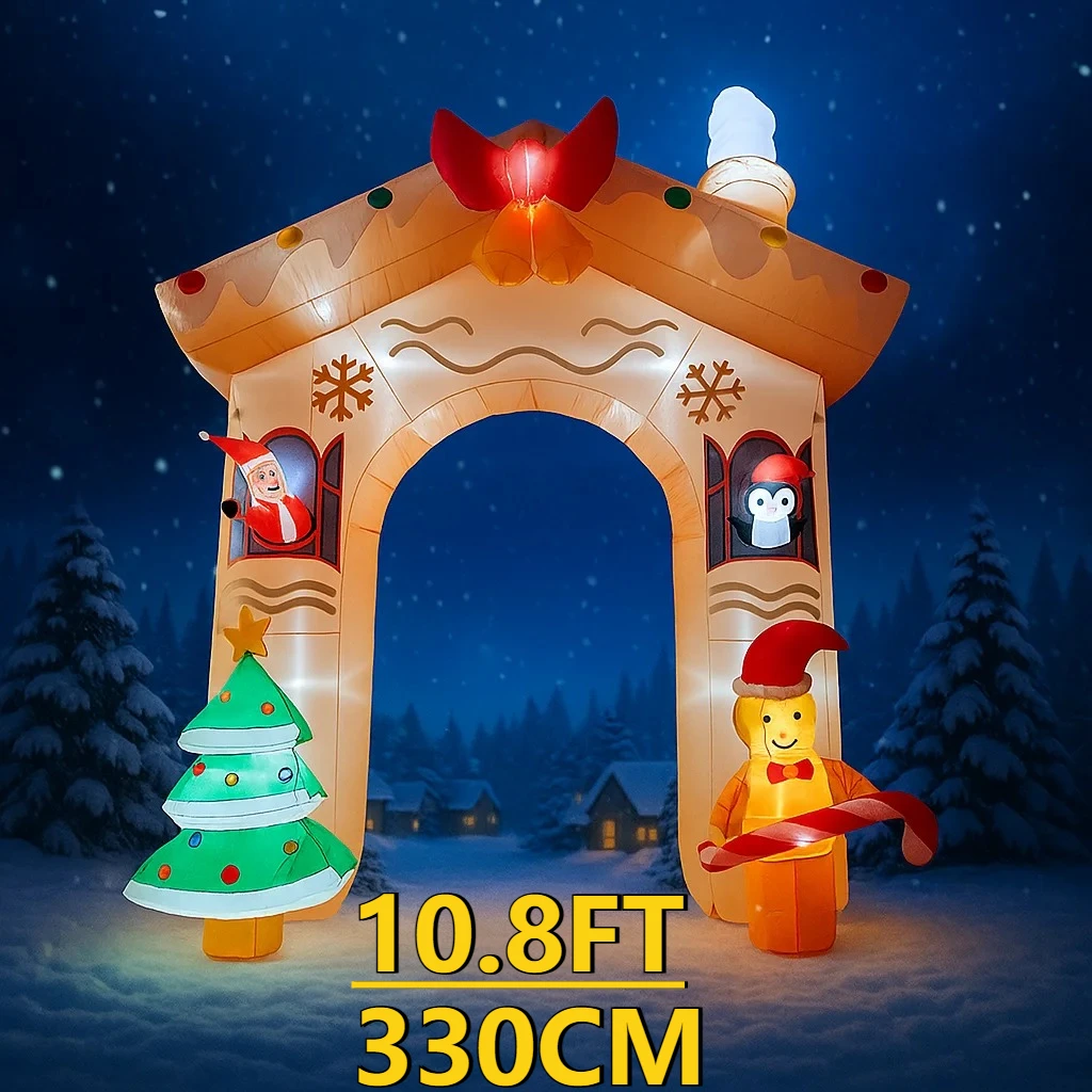10,8 pies LED inflable Navidad patio arco decoración Santa pingüino hombre de jengibre suministros de Navidad juguete decoraciones para el hogar regalo ornamental